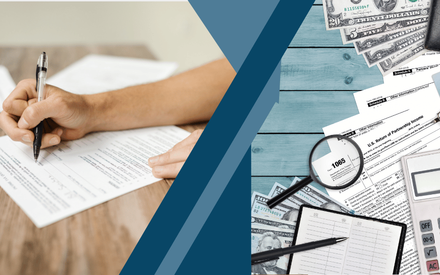 Business partners reviewing financial documents for partnership tax preparation, including Form 1065 and Schedule K-1
